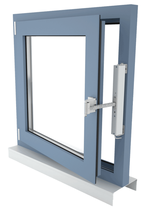 Fassadenfenster, Drehflügel einwärts öffnend, Antriebsmontage auf dem Fensterrahmen