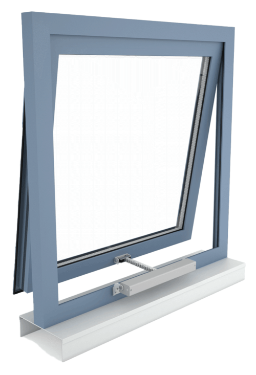Fassadenfenster, Klappflügel auswärts öffnend, mit VCD Kettenantrieb, Antriebsmontage auf dem Fensterrahmen