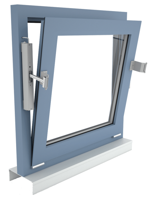 Fassadenfenster, Kippflügel auswärts öffnend, Antriebsmontage auf dem Fensterrahmen