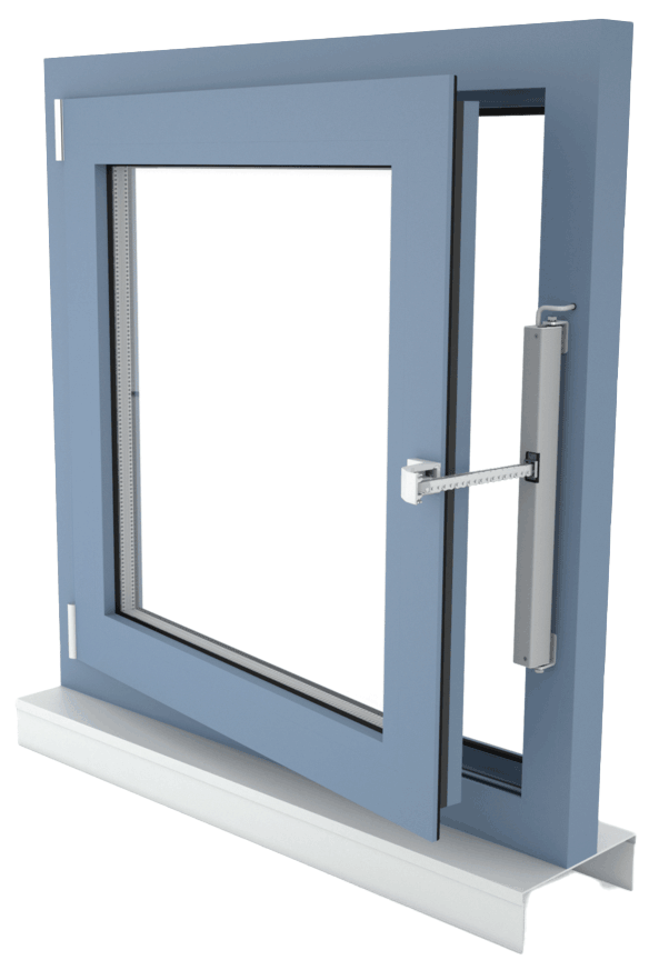 Fassadenfenster, Drehflügel einwärts öffnend, Antriebsmontage auf dem Fensterrahmen