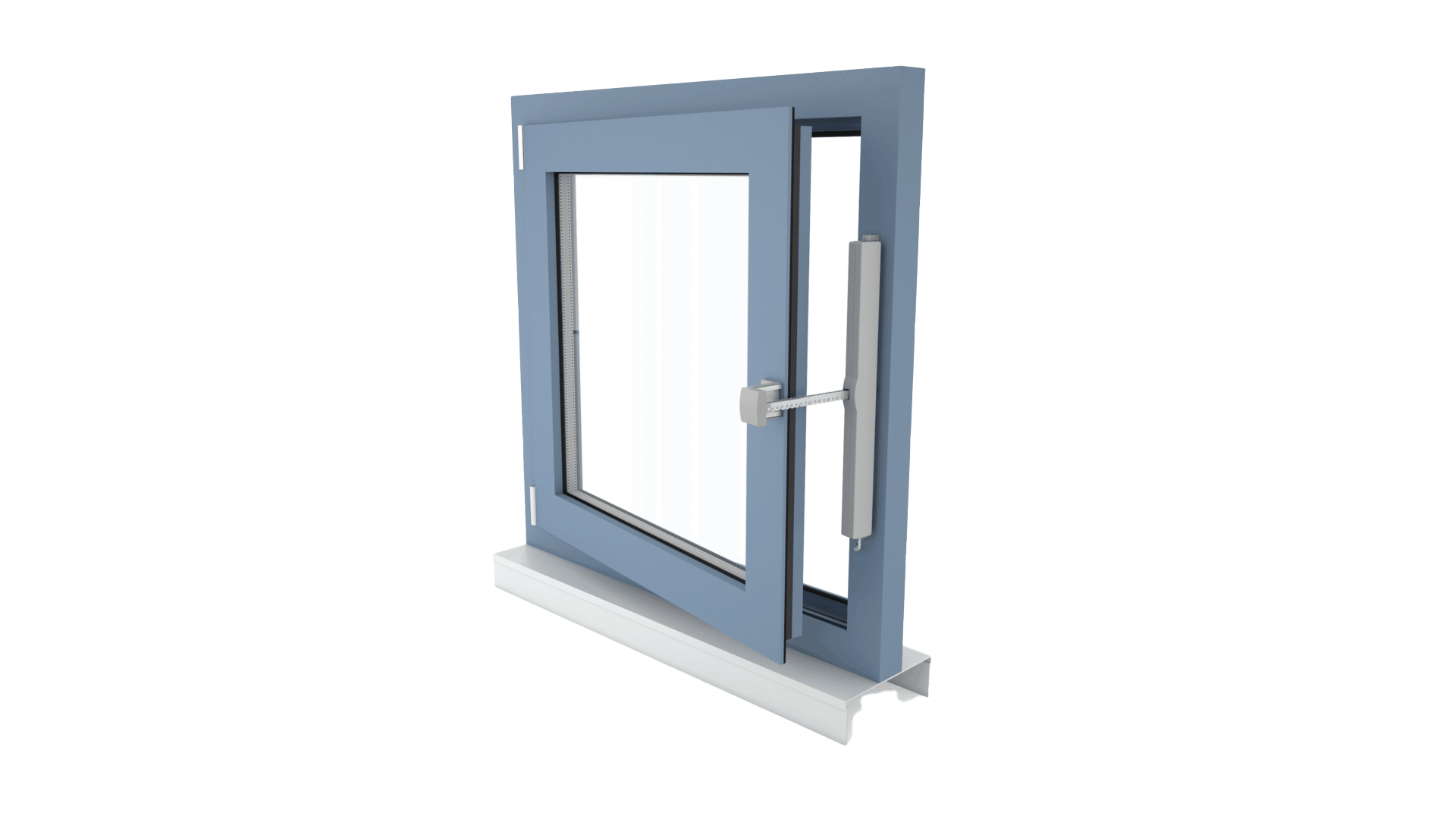 Fassadenfenster, Drehflügel einwärts öffnend, Antriebsmontage auf dem Fensterrahmen