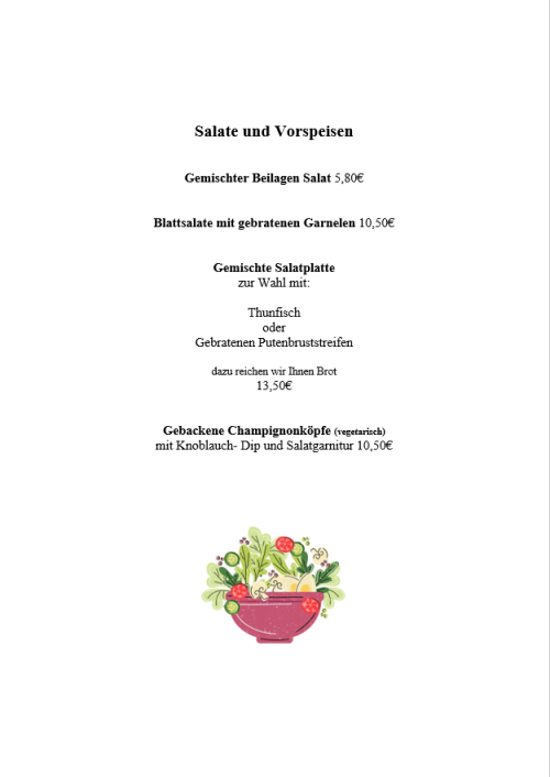 Speisekarte Salate und Vorspeisen