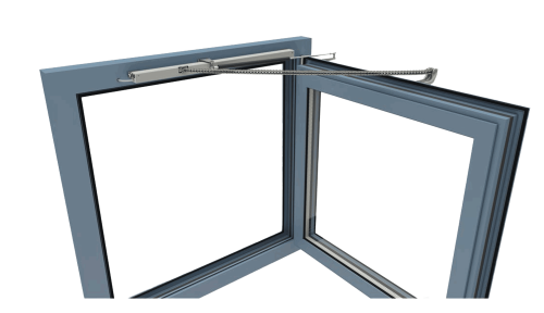 Fassadenfenster, Drehflügel einwärts öffnend, Antriebsmontage auf dem Fensterrahmen