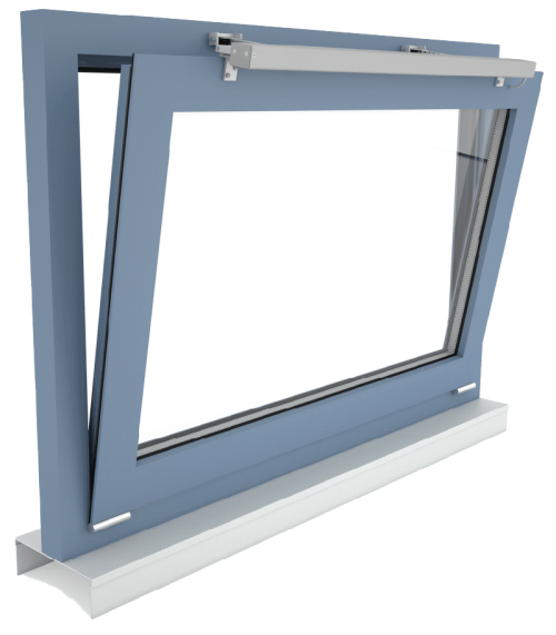 Fassadenfenster, Drehflügel auswärts öffnend, Antriebsmontage auf dem Fensterrahmen