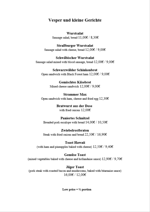 Speisekarte Vesper