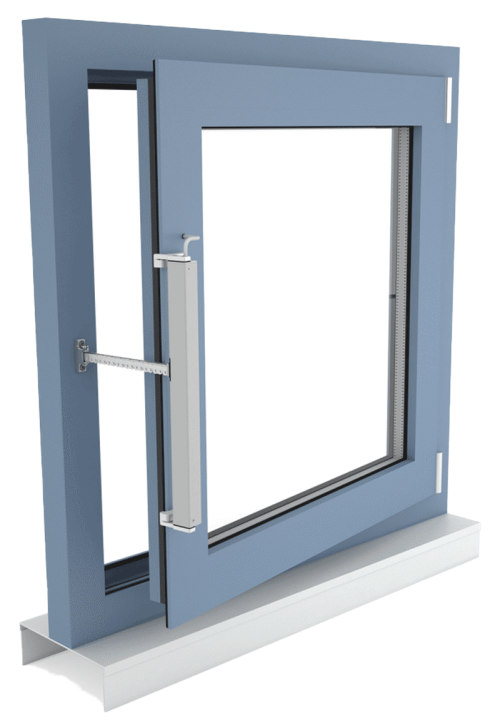 Fassadenfenster, Drehflügel auswärts öffnend, Antriebsmontage auf dem Fensterrahmen