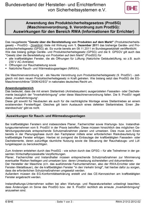 Produktsicherheitsgesetz für den Bereich RWA