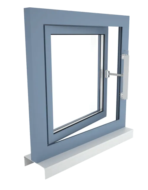 Fassadenfenster, Drehflügel auswärts öffnend, Antriebsmontage auf dem Fensterrahmen