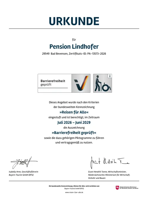 Urkunde Pension Lindhofer "Reise für alle" 2026 Urkunde Pension Lindhofer "Reise für alle" 2026