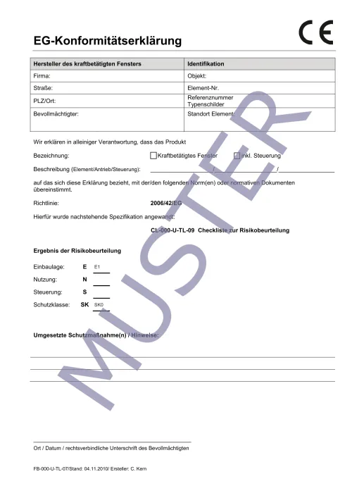 Konformitätserklärung für Motormontage an Fenstern